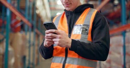 Phone, man and hands of logistics worker in warehouse for networking, email or contact for online order. Technology, typing and supply chain manager with cellphone for communication on distribution. - Powered by Adobe