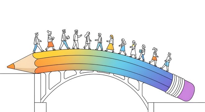 Creativity and Education A Colorful Bridge of People Walking Towards Knowledge
