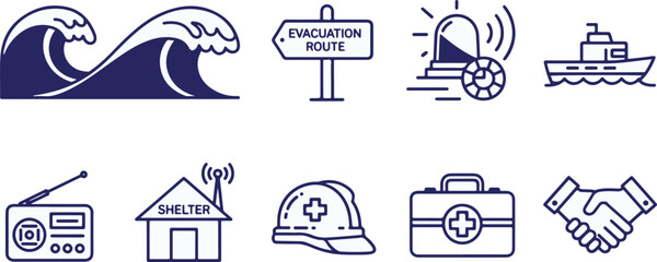 A collection of illustrated icons depicting natural disaster preparedness and safety measures, including evacuation.