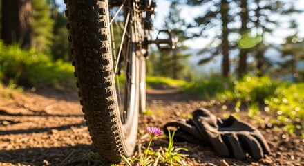Close-up of a mountain bike wheel and protective gloves resting on a sun-drenched dirt trail in a peaceful forest, highlighting outdoor adventure and recreational cycling in nature