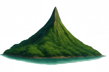 Tropical island mountain with lush green forest and clear blue water, volcanic land appearing from ocean