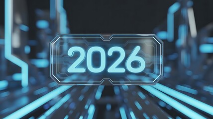 2026 Futuristic Digital Clock and Light Rays Background