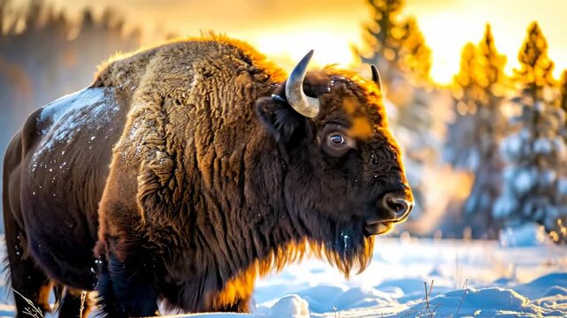 Majestic European Bison in Winter Wonderland at Golden Hour.