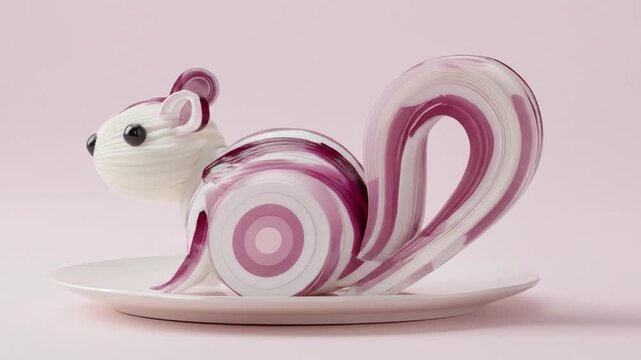 Artistic squirrel sculpture on plate against a pastel pink backdrop