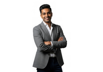 Confident businessman standing arms crossed professional portrait studio shot isolated on transparent background