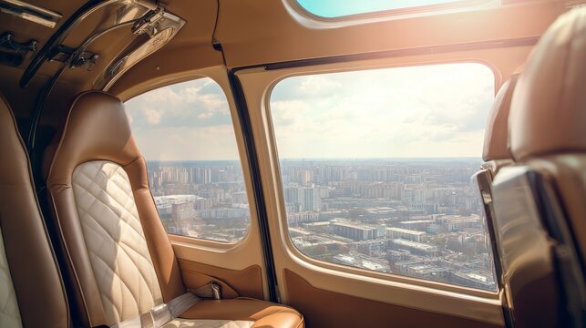 Luxury private helicopter interior with leather seats and panoramic cityscape view through windows, symbol of elite travel, comfort, and modern aviation lifestyle