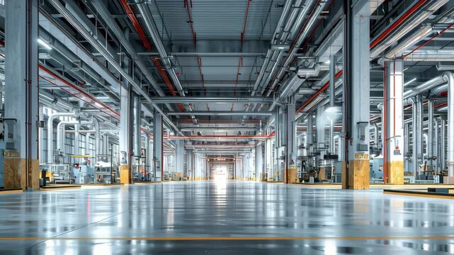 Large empty industrial warehouse interior with polished floor metal beam and pipes overhead