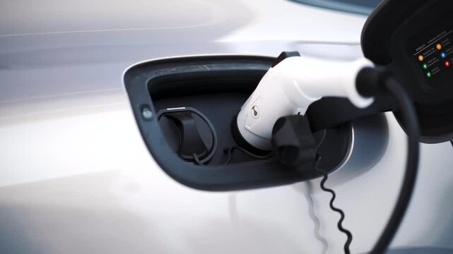 White electric car charging cable close up at XPENG open space, IAA Mobility 2025 Munich. Innovation