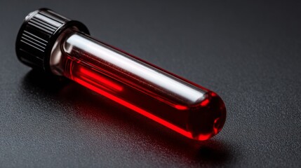 Red blood test tube filled with liquid on dark background  