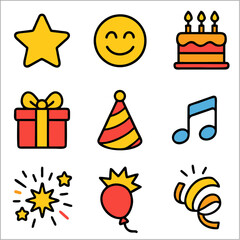 Flat Party Popper and Celebration Icon Set, Bold Line Festive Symbols for Events and Holidays