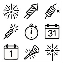 Flat Minimalist New Year Fireworks Icon Set, Bold Line Style for UI and Celebration Themes 