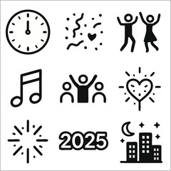 Flat Minimalist New Year Fireworks Icon Set, Bold Line Style for UI and Celebration Themes 
