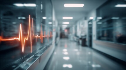 Healthcare technology concept with heartbeat line in blurred hospital corridor, symbolizing medical care and health data in healthcare technology concept