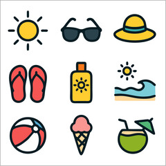 Flat Color Summer Vacation Icon Set, Minimalist Travel and Beach Essentials in Bold Line Style