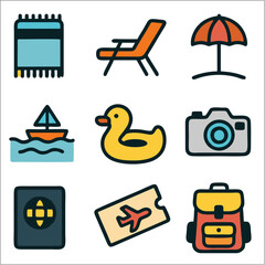 Flat Color Summer Vacation Icon Set, Minimalist Travel and Beach Essentials in Bold Line Style