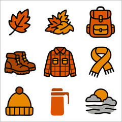 Flat Autumn Journey Icon Set, Cozy Fall Adventure in Bold Line Minimalist Style