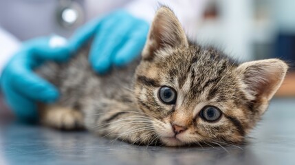 Tabby cute kitten receiving care at vet clinic with gloved hand  