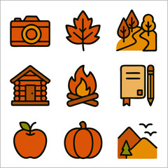 Flat Autumn Journey Icon Set, Cozy Fall Adventure in Bold Line Minimalist Style