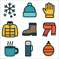 Flat Winter Travel Icon Set, Bold Line Minimalist Vector for Cold Season Adventures