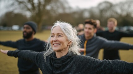 Fototapeta premium Elderly woman exercising with group of young people in outdoor park