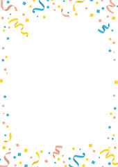 カラフルな紙吹雪とカールリボンの華やかなフレーム背景（A4縦・ベクター素材）