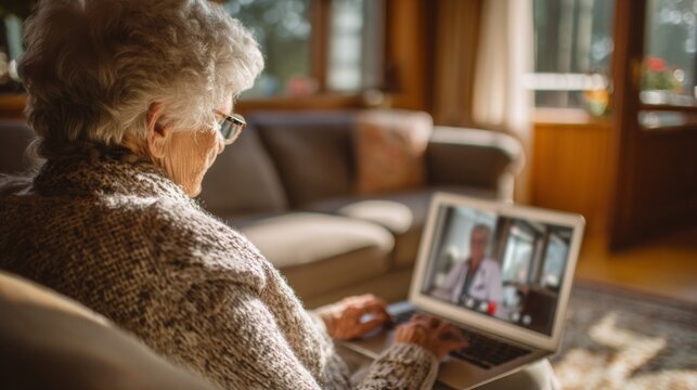 Elderly woman video calling her doctor on a laptop in cozy living room   - Powered by Adobe