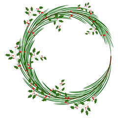 A festive circular wreath made of green pine branches and red holly berries.
