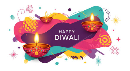 Fototapeta premium Vibrant Happy Diwali celebration banner with illuminated diyas on a modern, abstract fluid background. Hindu festival of lights greeting card vector illustration.