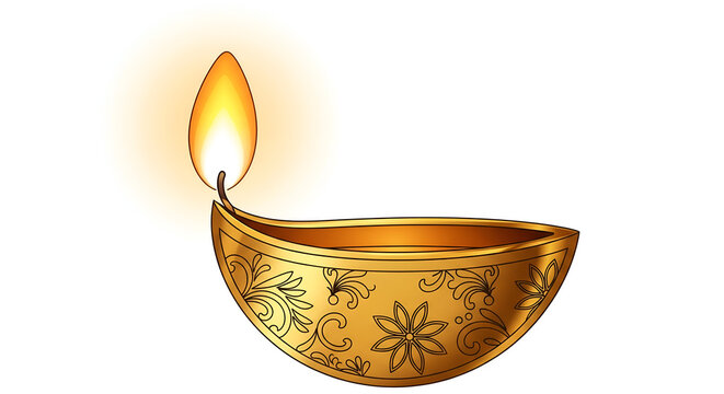 Ornately decorated golden Diya with glowing flame. Traditional Indian oil lamp illustration with floral patterns for Diwali festival celebration, isolated on white background.