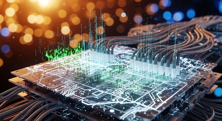 Futuristic circuit board with glowing data streams and bokeh lights