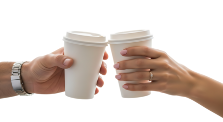 Illustration of two hands holding coffee cups in a toast, isolated on transparent background