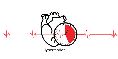 Medical illustration of hypertension concept showing human heart with blood pressure gauge and red heartbeat line, representing high blood pressure and cardiovascular risk.