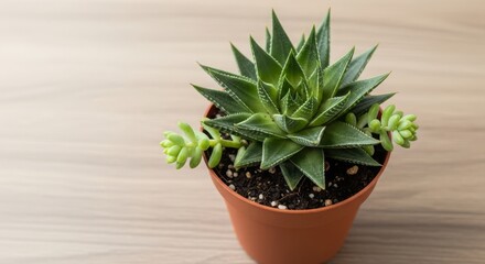Fototapeta premium Green Succulent Plant in Brown Pot on Wooden Table.