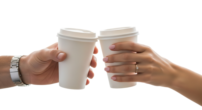 Illustration of two hands holding coffee cups in a toast, isolated on transparent background
