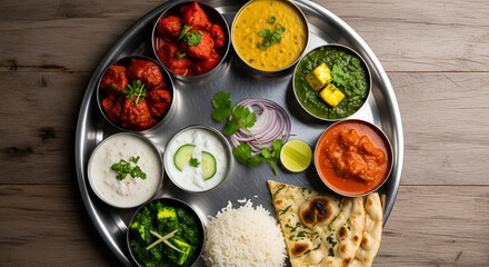 Gourmet Indian Thali Feast: A traditional platter with an assortment of curries like palak paneer and chicken tikka, served with rice and naan. Top-down view on a wooden table.