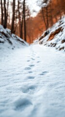 Frozen footprints on snowy path, leading into quiet forest