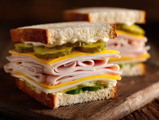 Simple turkey sandwich with Pickles cheese and mayonnaise 