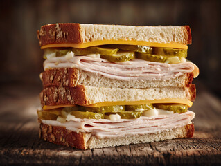 Simple turkey sandwich with Pickles cheese and mayonnaise 