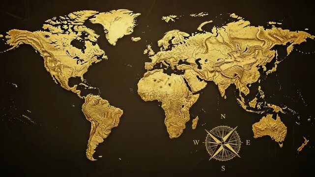 Rotating Golden World Map with Compass Rose Animation on Dark Background