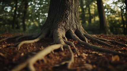 Obraz premium Large tree trunk and roots extending into earth in a serene forest setting