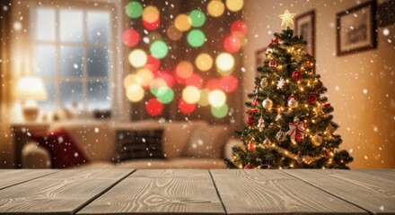 A Christmas tree is lit up in a living room