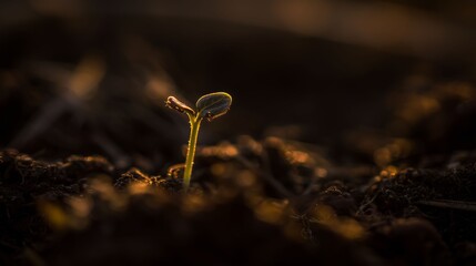 Emergence of new plant: The image captures the magic of beginnings, with a tender sprout breaking free from the earth, bathed in the warm embrace of sunlight. Evokes a sense of renewal and life.