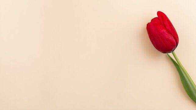 Radiant Red Tulip: A single, vibrant red tulip blooms gracefully, a symbol of beauty and renewal, set against a simple backdrop, creating a scene of elegance and serenity. - Powered by Adobe