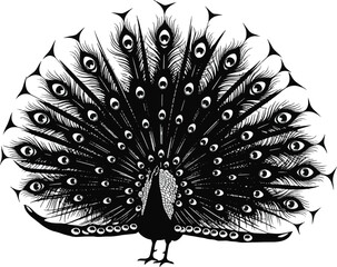 Obraz premium Elegant peacock with fanned tail feathers a illustration in black and white perfect for logos and design elements