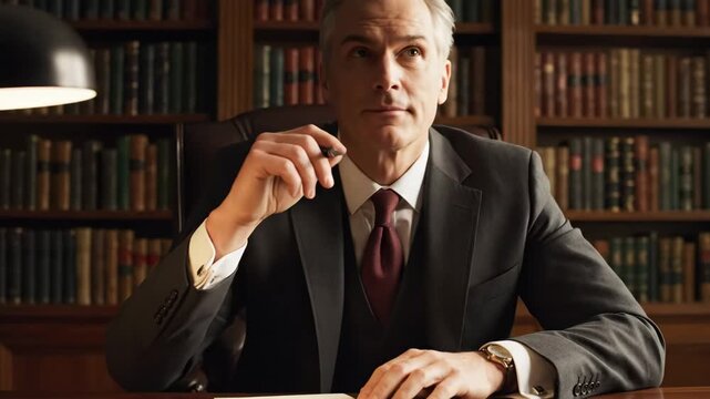 Serious lawyer signs contract in classic library office making an important legal deal this powerful businessman is a very influential person this is a great business agreement