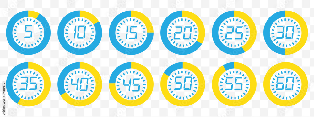 Wall mural circular red and gray timer icons showing 5 to 60 minutes in increments used for countdown or tracki