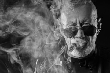 Black and white portrait of stylish old man in leather jacket smoking cigar on color background,...