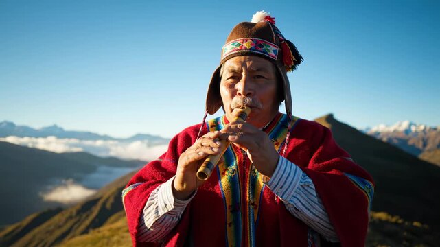 Indigenous man in traditional clothes plays flute on mountain top showing authentic peru culture this beautiful andes music is a great spiritual sound this is a great travel view