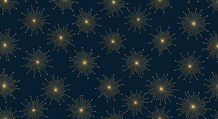Elegant seamless pattern of golden starbursts on a dark blue background. Abstract luxury design with firework-like elements for festive wallpaper, wrapping paper, or holiday backgrounds.