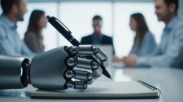Robot hand writes in notebook at business meeting showing futuristic ai technology this is a great artificial intelligence symbol this is a very cool and modern office assistant